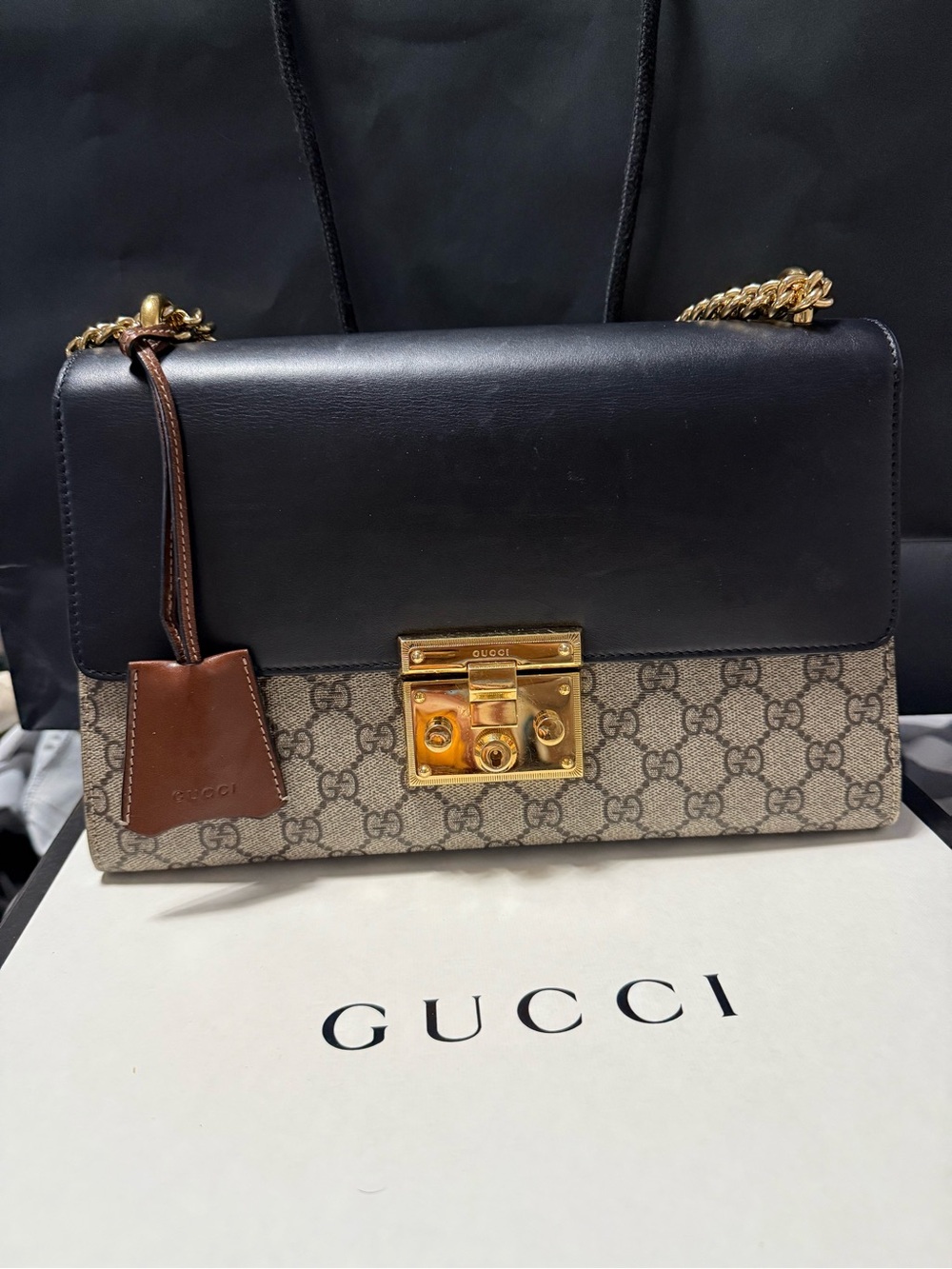 Gucci Black Leather and GG Canvas Shoulder Bag with Gold Hardware